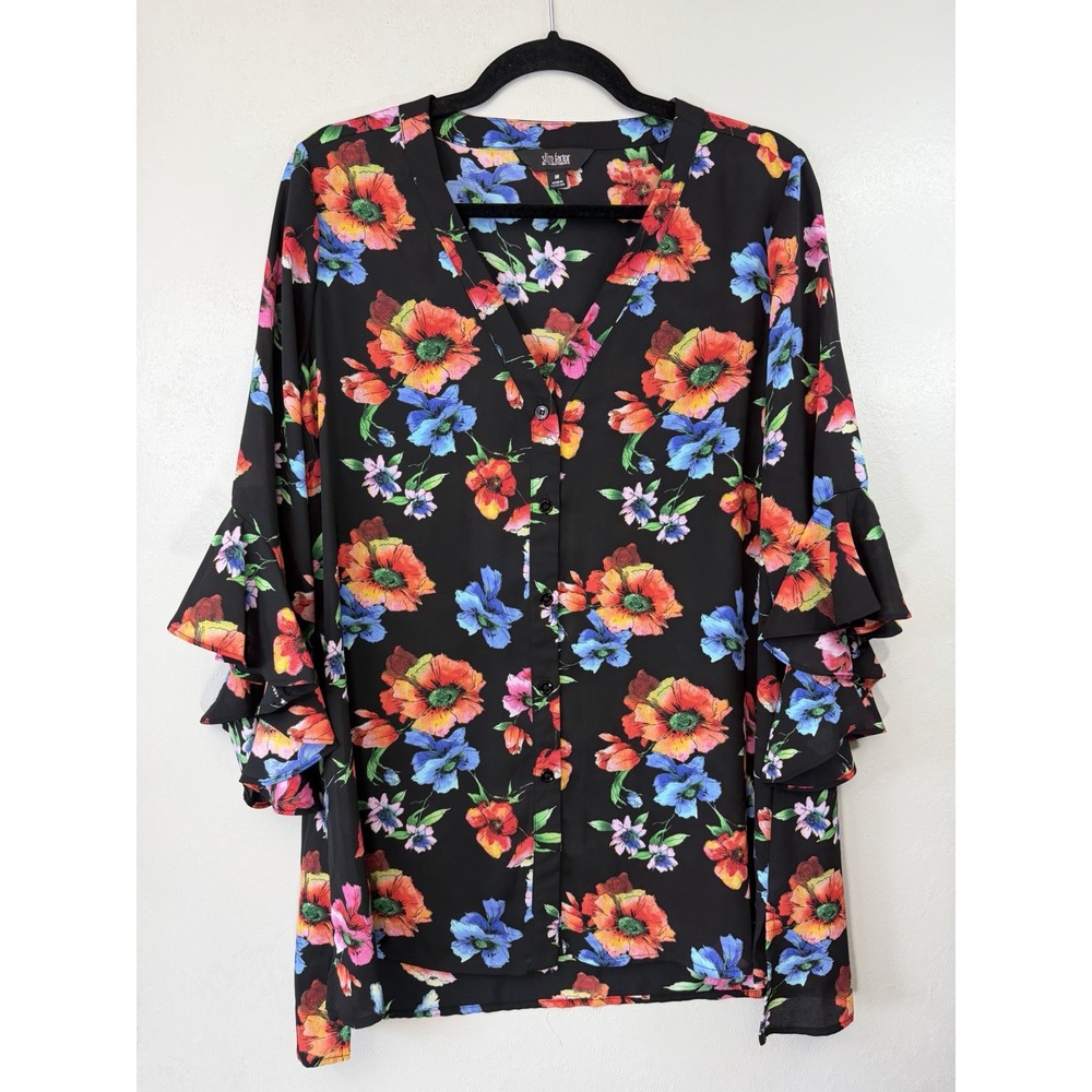 Slim Factor V Neck Black Floral Button Up Blouse W‎ Bell Ruffled Cuffs Size M